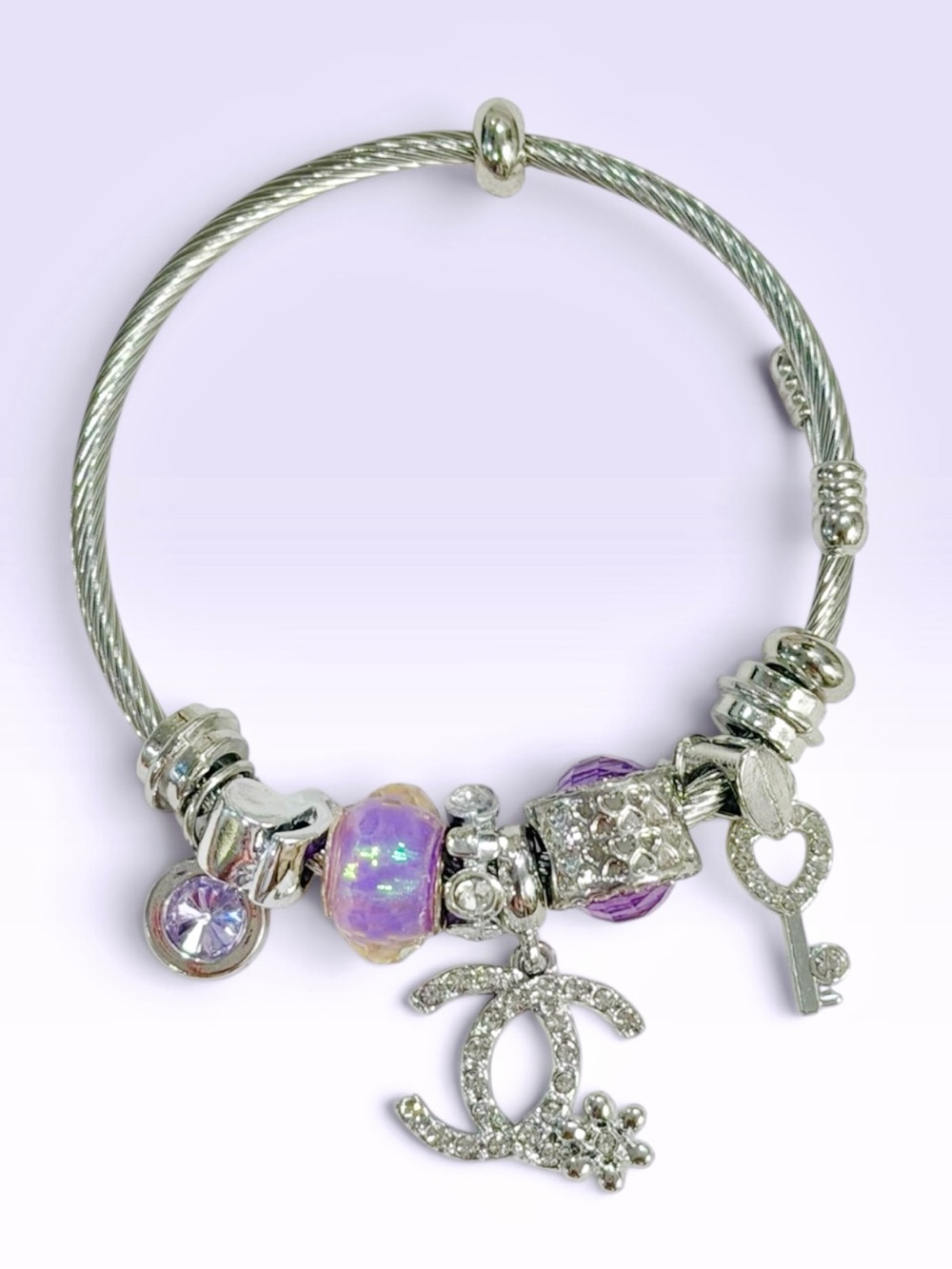 Silver-Tone Purple Charm Bracelet with Crystal Accents | NEW